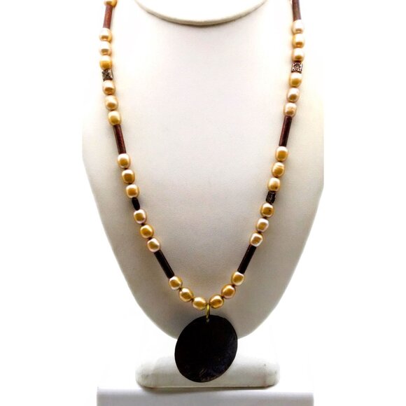 Vintage Baroque Pearl and Bronze Necklace, Metal Tube Beads and Embossed Disc - Picture 2 of 5